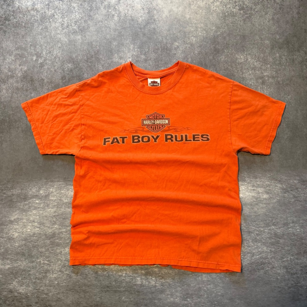 Vtg 2006 Harley Davidson Fat Boy Rules T Shirt L Orange Lafayette IN Graphic Tee